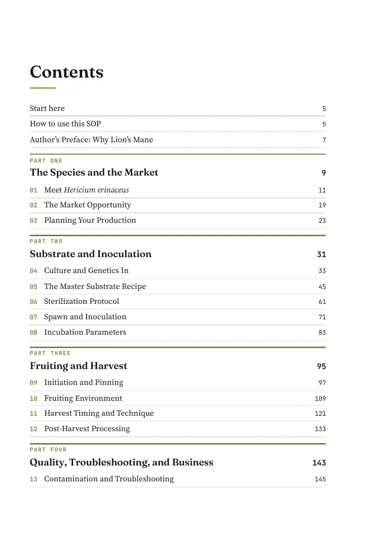 Lion's Mane Cultivation, sample page: Contents
